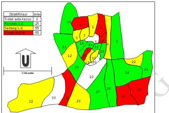 Gambar 4. Peta stratifikasi kasus infeksi virus Dengue antar kelurahan di  Kota Sukabumi pada Bulan April 2012 