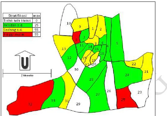 Gambar 10. Peta stratifikasi kasus infeksi virus Dengue antar kelurahan di  Kota Sukabumi pada Bulan Oktober 2012 