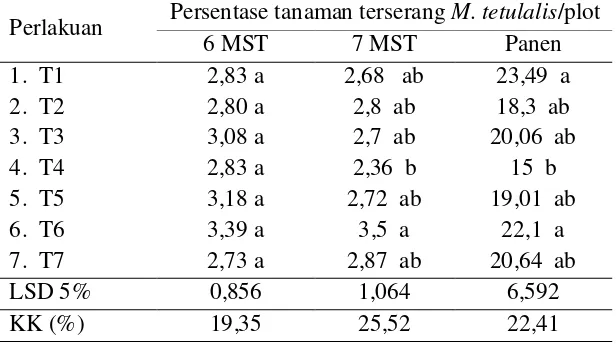 Tabel 4. Rata-rata persentase tanaman kacang hijau terserang  M. tetulalis di lahan sawah Banjarnegara, MK