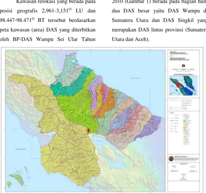 Gambar  1.  Peta  Posisi  Kawasan  Relokasi  Pengungsi  Sinabung  di  Perbatasan  Bagian  Hulu  DAS Wampu dan DAS Singkil 