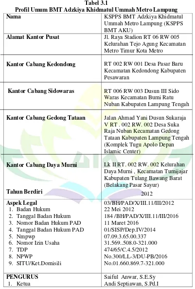 Tabel 3.1 Profil Umum BMT Adzkiya Khidmatul Ummah Metro Lampung 