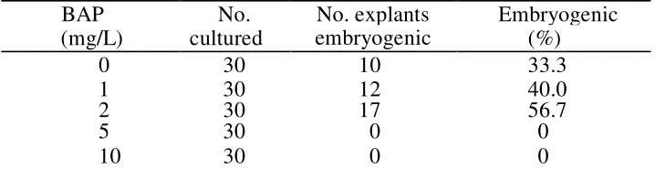 Table 1. Effects of BAP on the induction of embryogenic cultures from cotyledon explants of tea