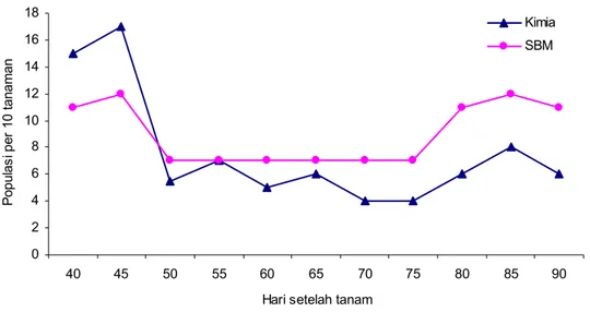 Gambar  2.  Pengaruh  SBM  dan  insektisida  sintetik  (asefat  &amp;  deltametrin)  terhadap  populasi  kompleks  predator  di  pertanaman  kapas  Asembagus,  Situbondo  (Sunarto et al