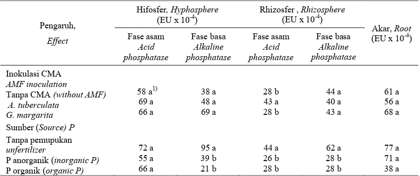 Table 1. Effect of AM fungal inoculation and P sources on acid and alkaline phosphatase activity in the               hyphosphere, rhizosphere, and root of 26 weeks old oil palm seedlings