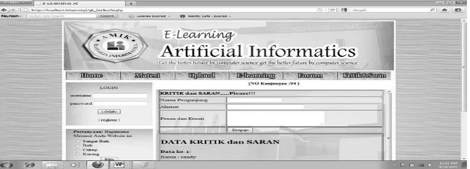 Gambar 9. Tampilan Kritk dan Saran pada website e-learning Artificial Informatics 
