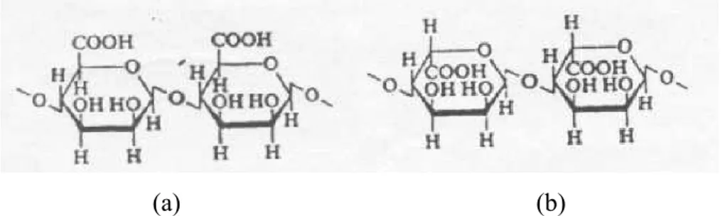 Gambar 1 Bentuk konfigurasi (a) asam D-mannuronat (b) asam L-guluronat (Rasyid, 2005)