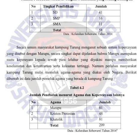 Tabel 4.2 Jumlah Penduduk menurut Agama dan Kepercayaan lainnya 