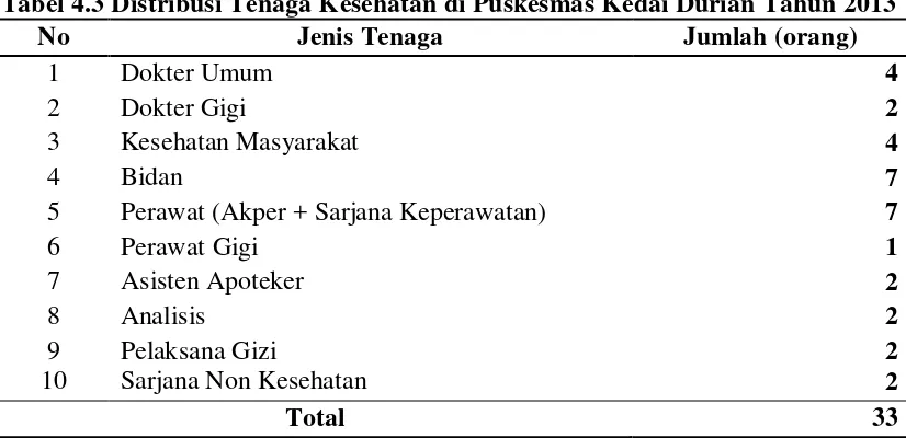 Tabel 4.3 Distribusi Tenaga Kesehatan di Puskesmas Kedai Durian Tahun 2013 