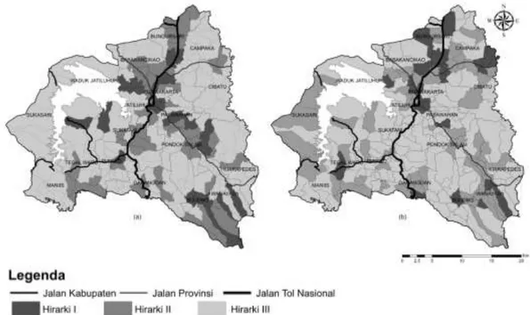 Gambar 2. Sebaran spasial hierarki di Kabupaten Purwakarta: (a) tahun 2003 dan (b) tahun 2014 
