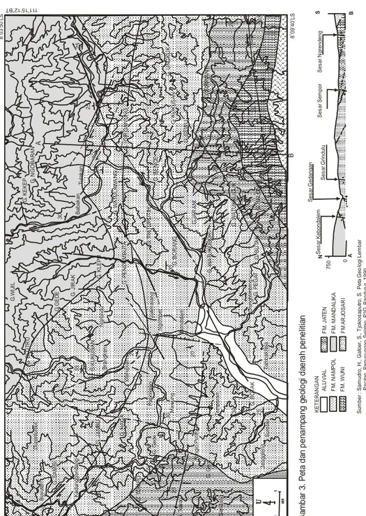 Gambar 3   Peta dan penampang geologi daerah penelitian. 