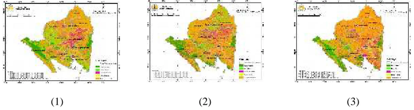 Gambar 1.  Tutupan lahan Provinsi Lampung (1) tahun 2002, (2) tahun 2009, dan (3) tahun 2014.