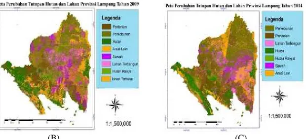Gambar 1. Perubahan tutupan hutan dan lahan di Provinsi  Lampung (A) tahun 2002, (B) tahun 2009, dan (C) tahun 2014.