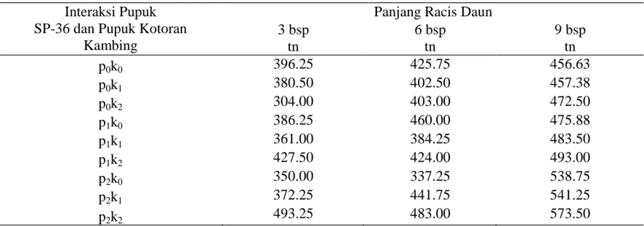 Tabel  11.  Pengaruh  Pemberian  Pupuk  SP-36  dan  Pupuk  Kotoran  Kambing  terhadap  Karakteristik  Daun 