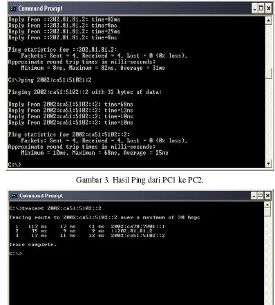 Gambar 3. Hasil Ping dari PC1 ke PC2. 