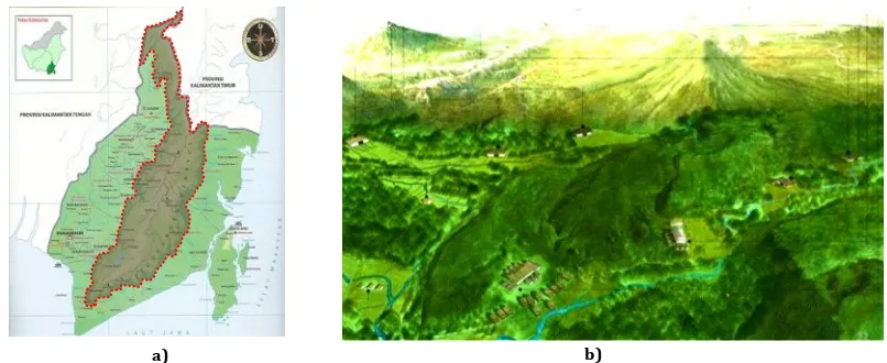 Gambar 2 Lokasi Kajian: a) Letak Pegunungan Meratus; b) Persebaran Permukiman Suku Dayak Bukit di Pegunungan Meratus  Sumber: (Noor, Aufa, dan Andini 2007)