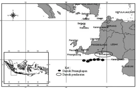 Gambar 1. Peta daerah penangkapan ikan kakap merah dan pendaratan ikan di Binuangeun, Banten.