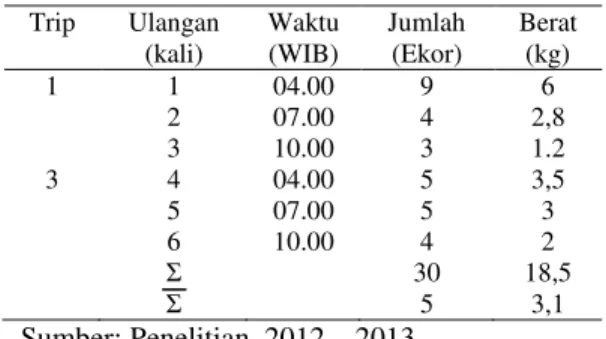 Tabel  4.  Data  hasil  tangkapan  ikan  kakap  merah dengan pancing rawai pada  siang  hari  menggunakan  umpan  udang putih  Trip  Ulangan  (kali)  Waktu  (WIB)  Jumlah (Ekor)  Berat (kg)  2  1  04.00  10  7  2  07.00  7  4  3  10.00  6  3,5  3  4  04.00