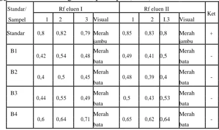 Tabel  8.  Hasil  Pemeriksaan  Kualitatif  Rhodamin  B  pada  Sampel  dari  Pasar  Serdang 