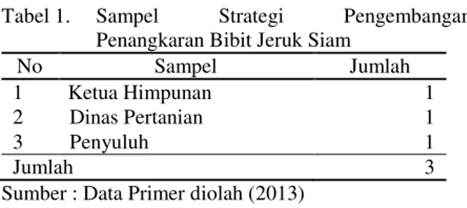 Tabel 1.  Sampel  Strategi  Pengembangan  Penangkaran Bibit Jeruk Siam  