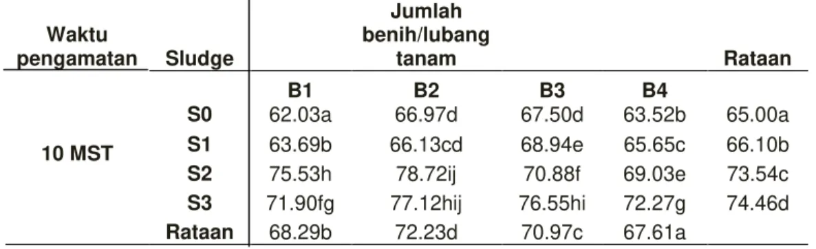 Tabel 1. Rataan tinggi tanaman (cm) (2, 4, 6, 8, dan 10 MST) pada jumlah benih per lubang tanam  dan pemberian limbah sludge 