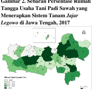 Gambar  2  menyajikan  sebaran  implementasi  sistem  tanam  jajar  legowo  untuk  komoditas  padi  sawah  di  Jawa  Tengah