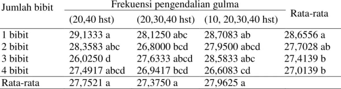 Tabel  3.    Rata-rata  panjang  malai  padi  sawah  varietas  Batang  Piaman  dengan  berbagai  perlakuan  jumlah  bibit  dan  frekuensi  pengendalian  gulma  (cm)