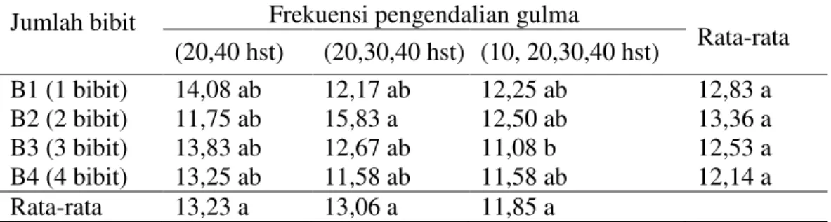 Tabel  4.  Rata-rata  jumlah  cabang  malai  padi  sawah  varietas  Batang  Piaman  dengan  berbagai  perlakuan  jumlah  bibit  dan  frekuensi  pengendalian  gulma (helai)