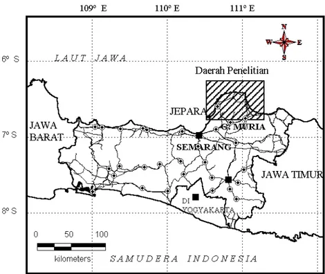 Gambar  1. Peta lokasi penelitian di kawasan kompleks gunungapi Muria dan sekitarnya.