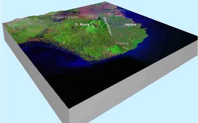 Gambar 7.   Identifikasi gawir patahan Rahtawu dengan meggunakan image gabungan 3  demensi antara Digital Elevation Model dan citra Landsat 7 ETM+.