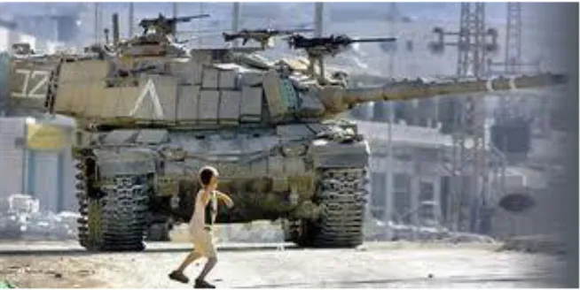 Gambar popular sewaktu intifadah menunjukkan kanak-kanak yang berdepan  dengan kereta kebal hanya menggunakan batu