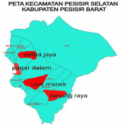 Gambar 2.1. Peta Desa di Pesisir Selatan       Sumber: Pesisir Selatan Dalam Angka 2017 Badan Pusat Statistik Kabupaten Lampung Barat 