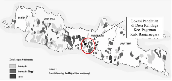 Gambar 1. Peta Potensi Longsor di Pulau Jawa Tahun 2006 (Pusat Vulkanologi dan Mitigasi Bencana Geologi,  2006) 