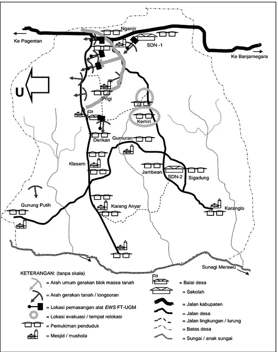 Gambar 5. Peta kondisi retakan yang mencirikan gerakan tanah di Desa Kalitlaga (modifikasi dari Karnawati dan  Fathani, 2007) 