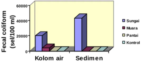 Gambar 3.Nilai fecal coliform pada kolom air dan  sedimen lingkungan perairan Sungai  Demaan, 