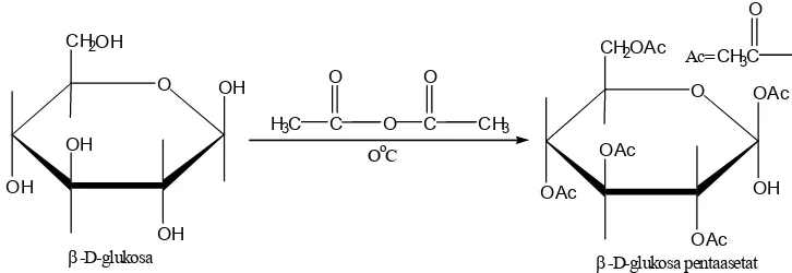 Gambar 14.15 Esterifikasi β�D�glukosa dengan asetat anhidrat menjadi β�D�glukosa pentaasetat, dalam rumus Haworth dan konfirmasi