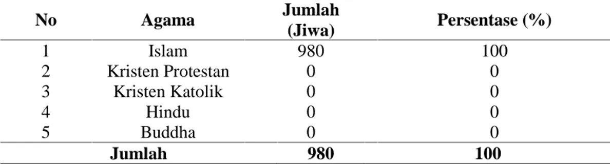 Tabel 3. Komposisi penduduk di Desa Panjamuran menurut Agama tahun 2016-2017 No Agama Jumlah (Jiwa) Persentase (%) 1 Islam 980 100 2 Kristen Protestan 0 0 3 Kristen Katolik 0 0 4 Hindu 0 0 5 Buddha 0 0 Jumlah 980 100