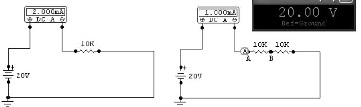 Gambar kiri: keadaan sebelum disisipi resistor, arus yang mengalir 2 mA, dan gambar kanan: keadaan setelah disisipi resistor arus berkurang menjadi 1 mA, dalam hal ini resistor sebagai pembatas arus