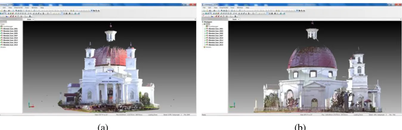 Gambar 8. (a) Tampilan Model 3D Bangunan Gereja Blenduk Sisi Belakang  (b) Tampilan Model 3D Bangunan Gereja Blenduk Sisi Samping Kiri 
