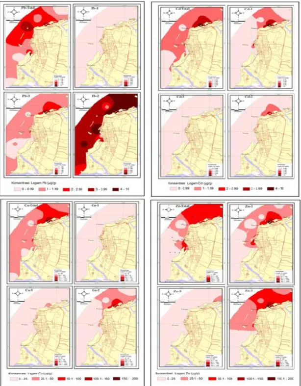 Gambar 2. Sebaran spasial konsentrasi total dan fraksi logam Pb, Cd, Cu, dan Zn di sedimen pantai kota Makassar