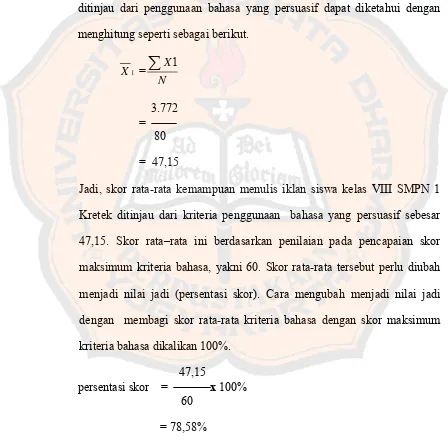 Tabel 5 menunjukkan bahwa  ∑ X 1 = 3.772 dan N = 80. Rata – rata   atau 