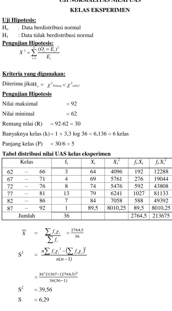 Tabel distribusi nilai UAS kelas eksperimen 