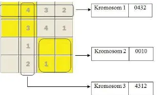 Gambar 14. Contoh representasi kromosom tiap baris, kolom dan region 