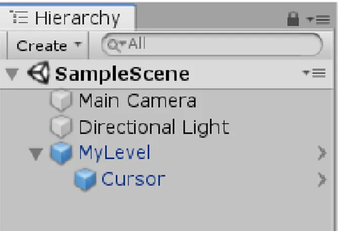 Gambar 7. Objek level editor bernama “MyLevel” pada hierarchy. 