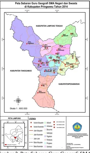 Gambar 2. Peta Sebaran Guru Geografi SMA  di  Kabupaten  Pringsewu  Tahun  2014 