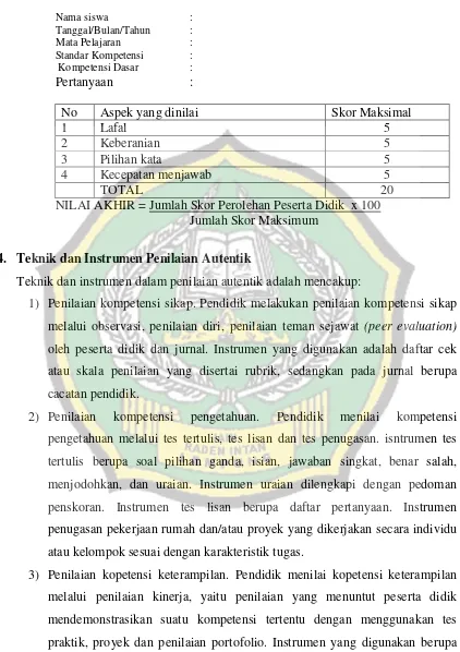 Tabel 10 Format Penilaian Tes Lisan 