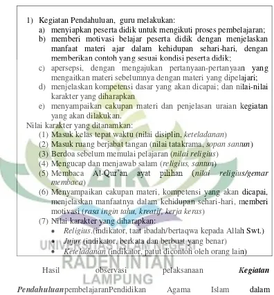 Tabel  4.10: Pelaksanaan  (Kegiatan Pendahuluan) Pembelajaran PAI dalam  pembentukankarakter siswa di SMA Negeri 1 Tanjung Bintang.22 