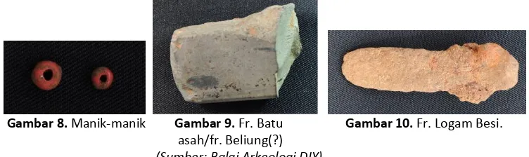 gambar 6 dan 7).  Dolmen Malangsari baru ditemukan satu unit, dan temuan manik-manik, fragmen logam besi, fragmen batu asah atau fragmen beliung (?) di luar dolmen belum 