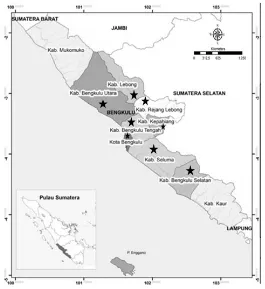 Gambar 1. Peta distribusi ganyong di Bengkulu  (: lokasi pengambilan sampel). 