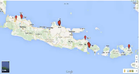 Gambar 1.  Lokasi pengambilan sampel kawista di Pulau Jawa, Bali, dan Nusa Tenggara Barat