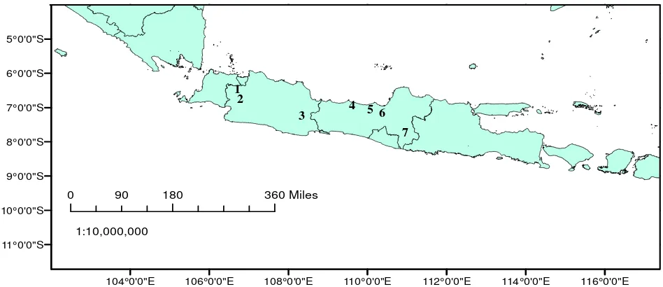Gambar 1. Lokasi persebaran kapulasan di Pulau Jawa 1. Bogor, 2. Sukabumi, 3. Ciamis, 4